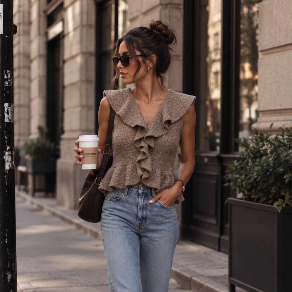 Moda International Wool Blend Ruffle Peplum Sleeveless Sweater Top Brown Small